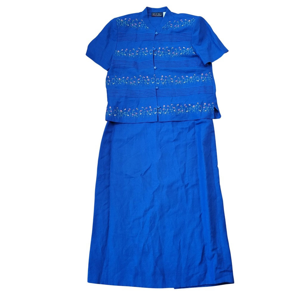 Melissa Harper 10 Dress Blue Linen Floral Embroidered Coastal Grandma Cottage